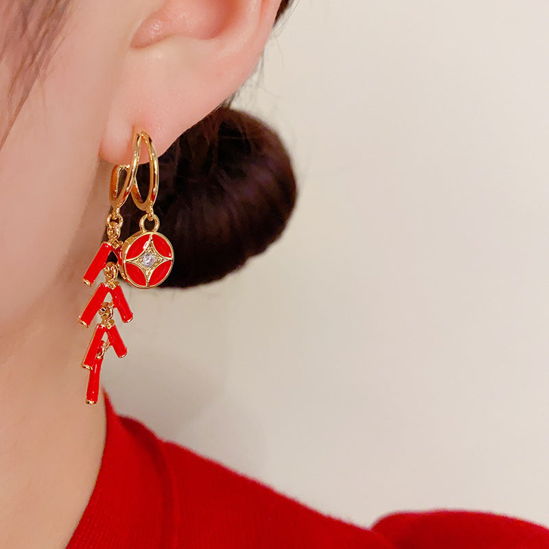 14KGold-Plated New Year Firecracker Tassel Earrings-Festive Red Design