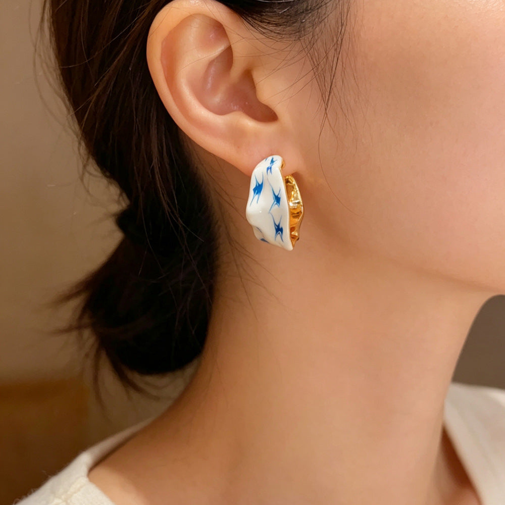 Eaioncol Blue Porcelain Irregular Enamel Hoop Earrings Gold