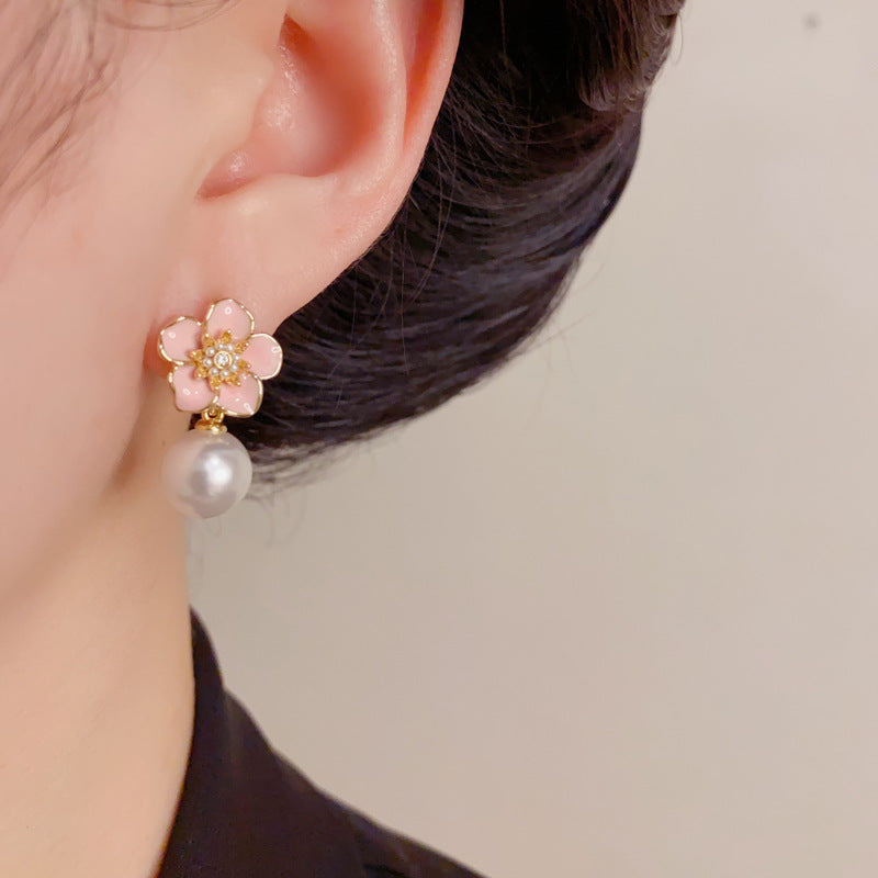 Eaioncol Floral Petal Pearl Drop Earrings Pink
