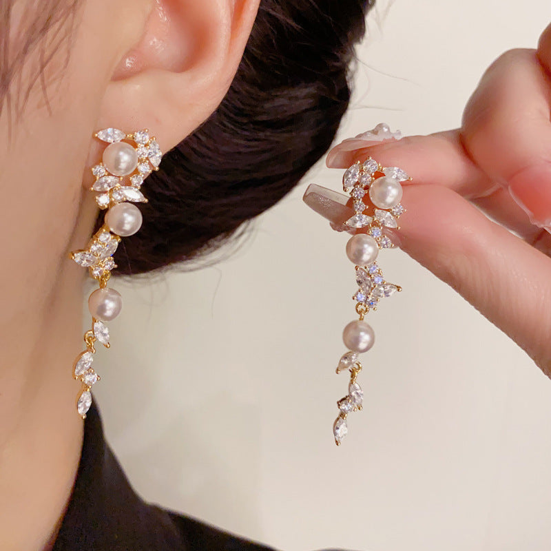 14K Gold-Plated Zircon Leaf Pearl Tassel Drop Earrings-Elegant Sparkle