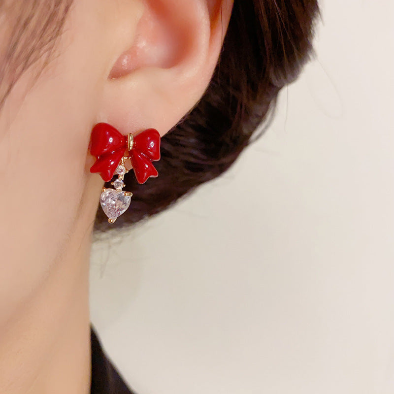 14K Gold-Plated Red Heart Earrings with Bow and Zircon - Retro Style