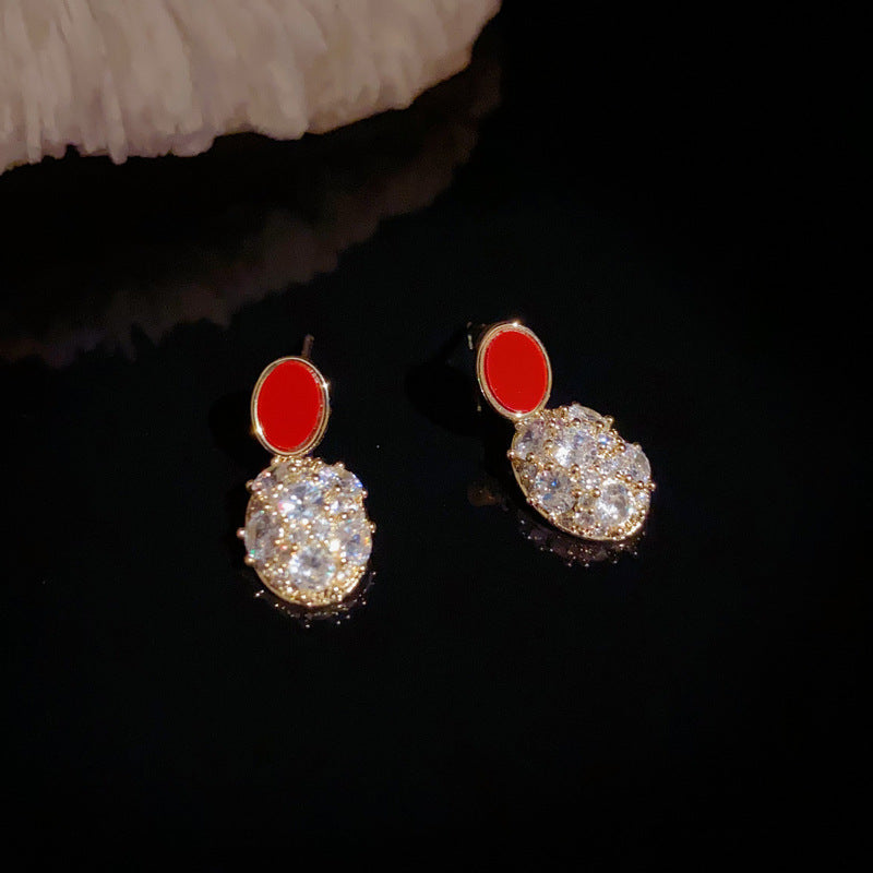 14K Gold-Plated Red Full Zircon Oval Drop Earrings - Elegant Sparkle