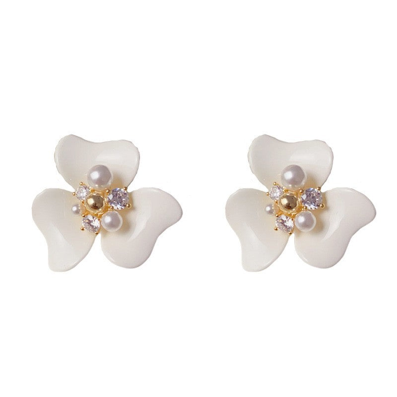 Eaioncol Enamel Pearl Floral Stud Earrings Brown White