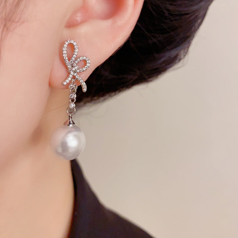 Elegant Zircon Butterfly Bow Pearl Tassel Earrings – Minimalist Design