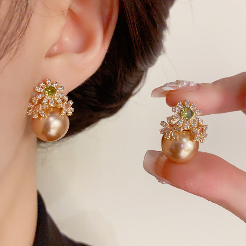 14K Gold-Plated Zirkon 3D Flower Pearl Stud Earrings -Floral Design