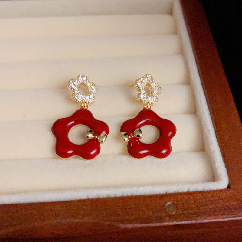 14K Gold-Plated Zircon Red Hollow Petal Earrings - Elegant Design