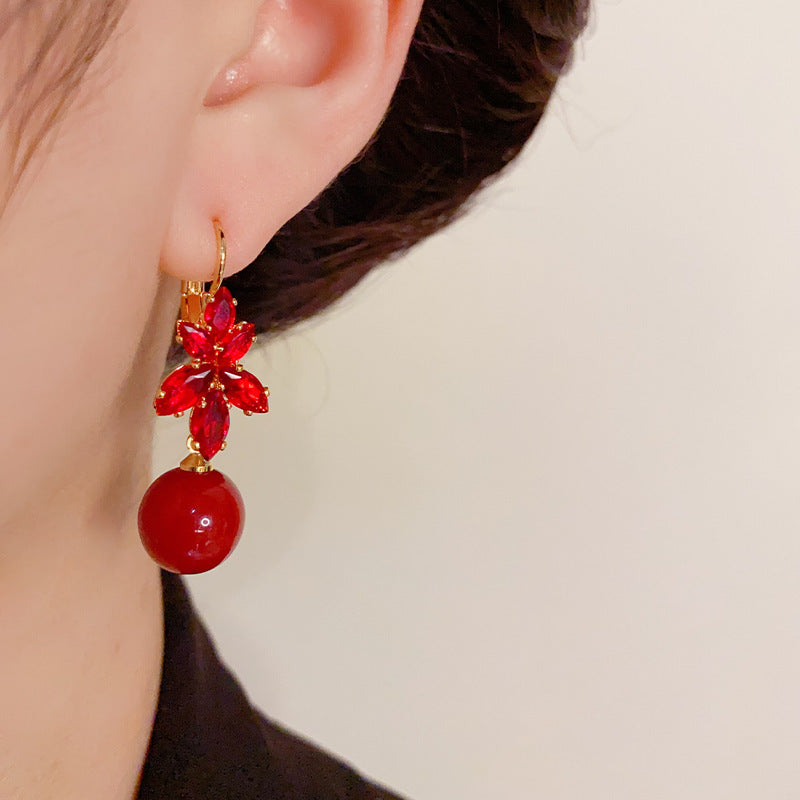 14K Gold-Plated Red Zircon Maple Leaf Pearl Earrings - New Year Design