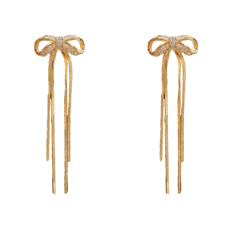 14K Gold-Plated Diamond Butterfly Bow Long Tassel Earrings-Chic Design