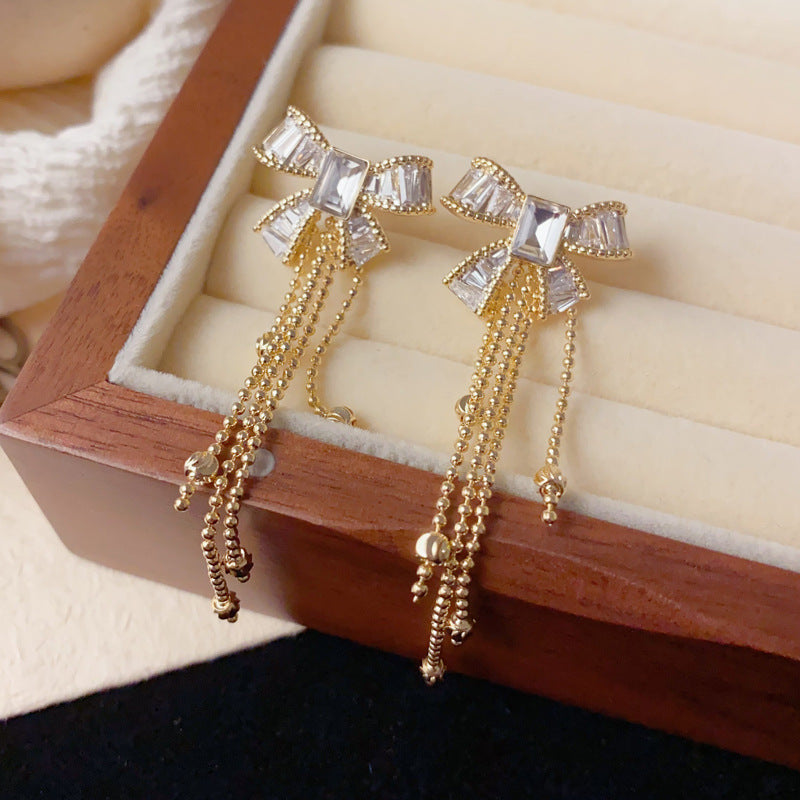Elegant Zircon Bow Tassel Drop Earrings – French Retro Design