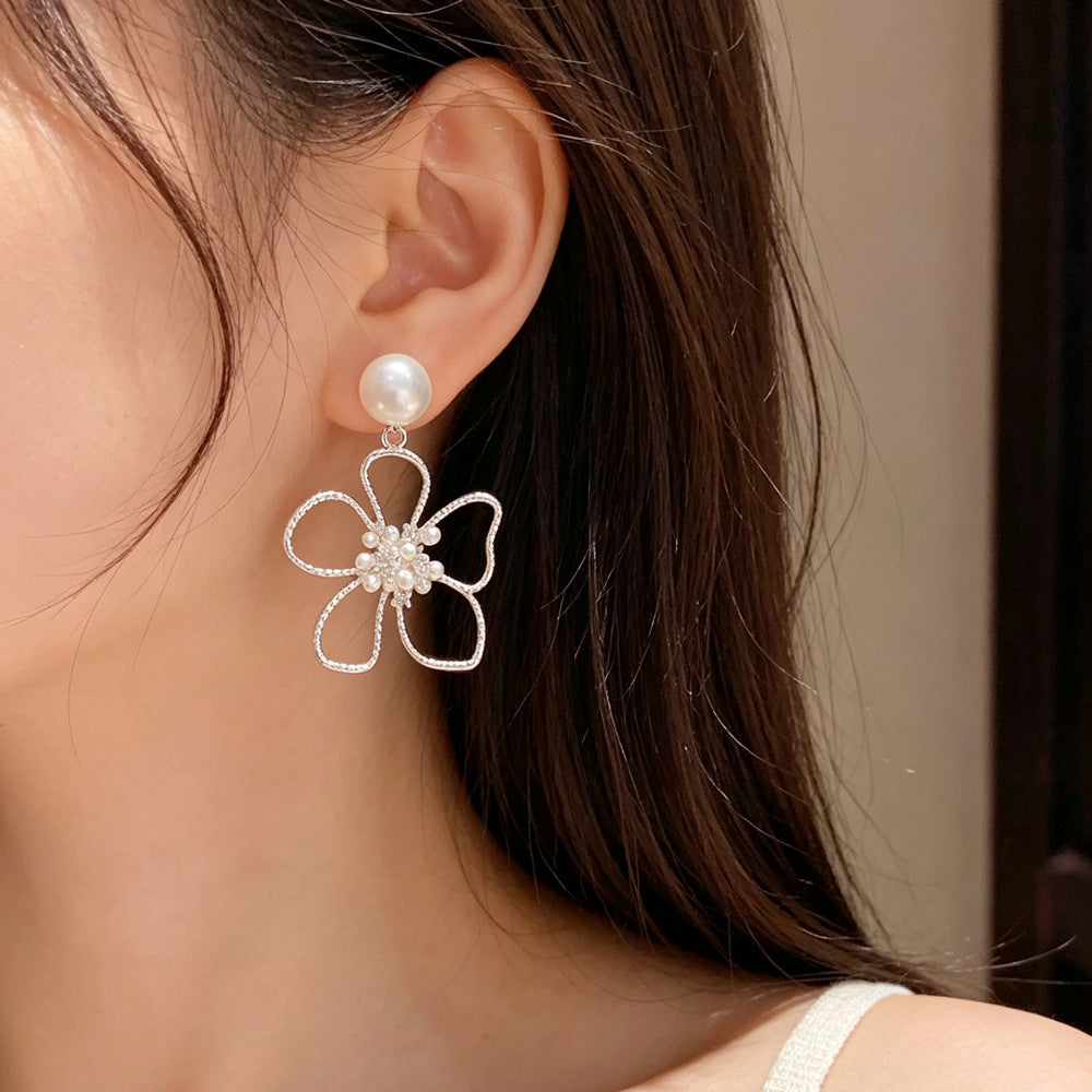 Eaioncol Openwork Petal Pearl Drop Earrings Silver 925 Post