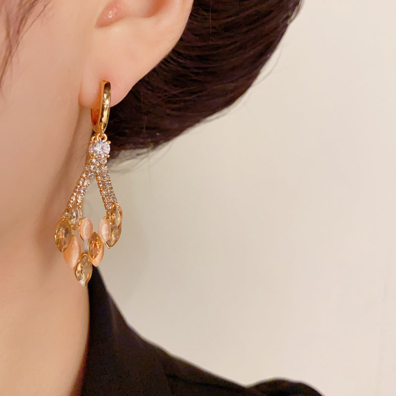 14K Gold-Plated Geo D-Layer Diamond Tassel Earrings - Elegance Design