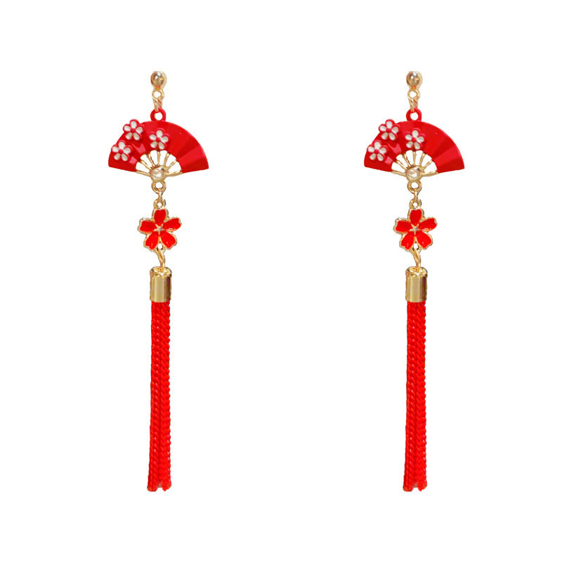 14K Gold-Plated Red Petal Folding Fan Tassel Earrings - Elegant & Chic