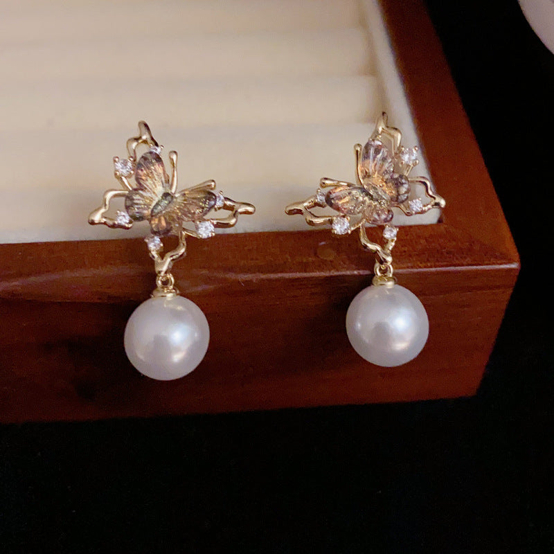 14KGold-Plated Hollow Butterfly Drop Pearl Earrings-Elegant&Minimalist