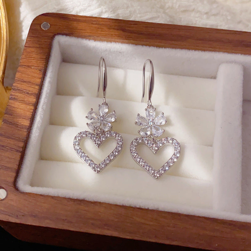 Luxury Zircon Petal Heart Tassel Hook Earrings – Elegant Design