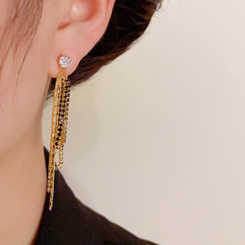 14K Gold-Plated Long Zircon Tassel Earrings - Geometric Elegance