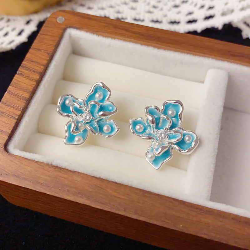Luxury Blue Enamel Iris Flower Stud Earrings – Floral Design