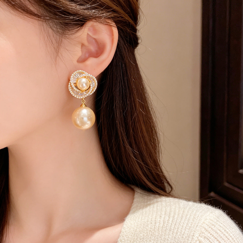 Eaioncol CZ Halo Pearl Drop Earrings 14K Gold Plated