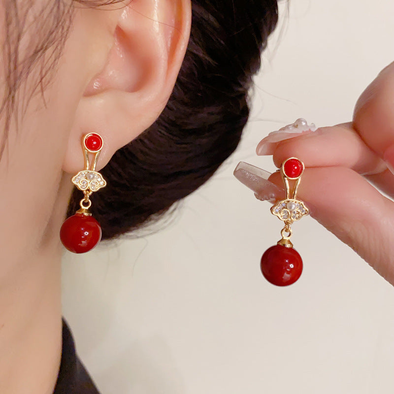 14K Gold-Plated Zircon Red Pearl Lucky Lock Earrings-Minimalist Design