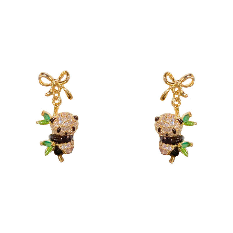 Elegant Bow Zircon Panda Drop Earrings – Animal Design