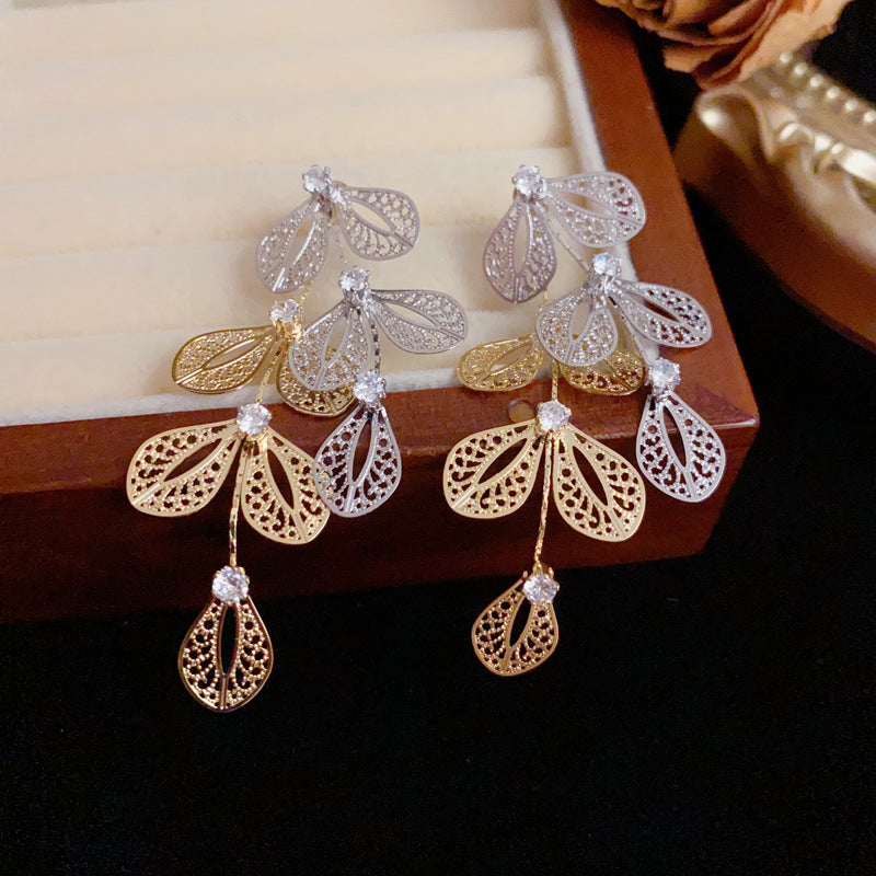 Chic Gold-Silver Leaf Tassel Front-Back Drop Earrings – Elegant Design