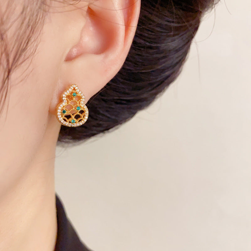 Elegant Full-Zircon Hollow Gourd Stud Earrings – Auspicious Design