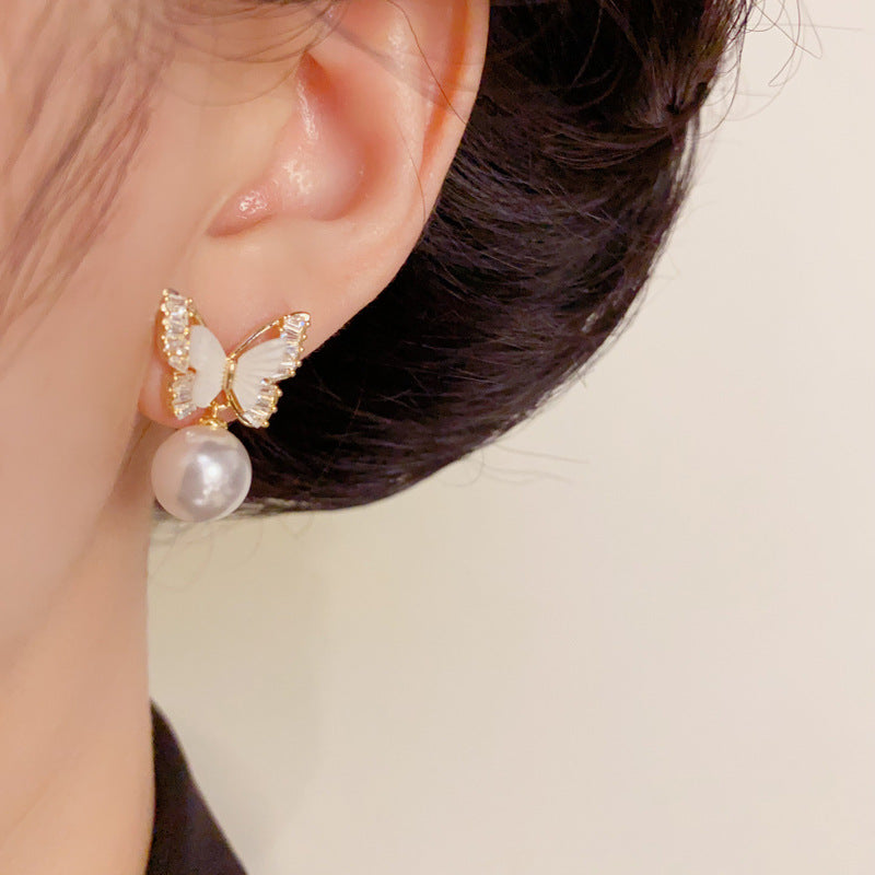 Luxury Zircon Butterfly & Pearl Earrings – Animal-Inspired Design
