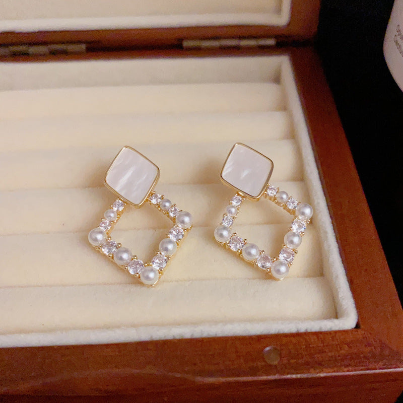 14K Gold-Plated Diamond & Pearl Inlay Rhombus Earrings - Chic Design