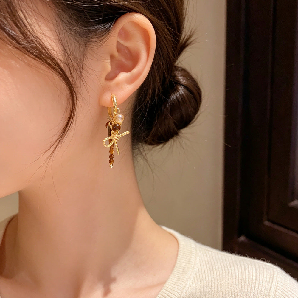 Eaioncol Bow Tiger Eye Tassel Hoop Earrings 14K Gold Plated