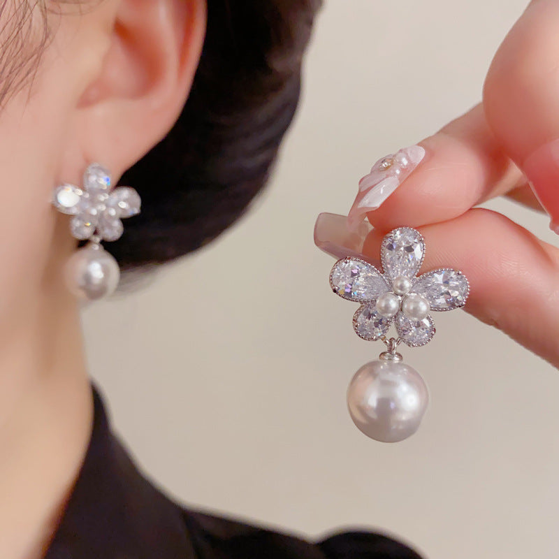 Eaioncol Floral Petal Drop Cubic Zirconia Pearl Earrings Gold