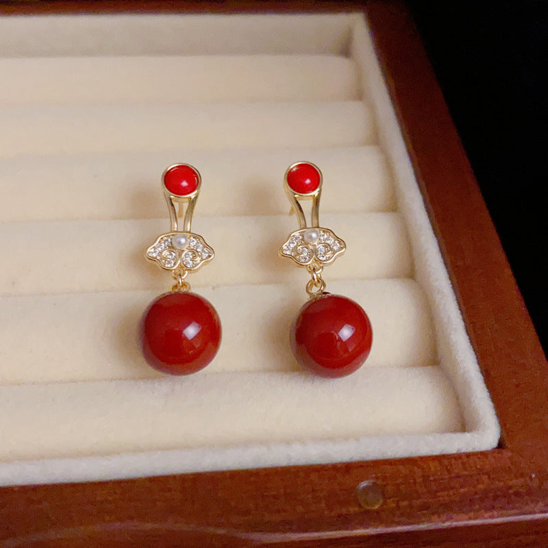 14K Gold-Plated Zircon Red Pearl Lucky Lock Earrings-Minimalist Design