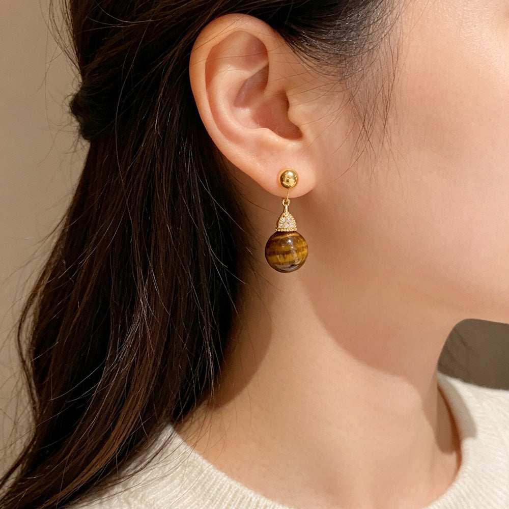Eaioncol Two-Way Tiger Eye Drop Earrings 14K Gold Plated