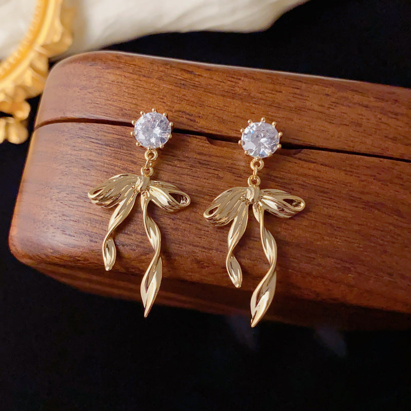 Luxury Zircon Metal Bow Drop Earrings – Elegant Design