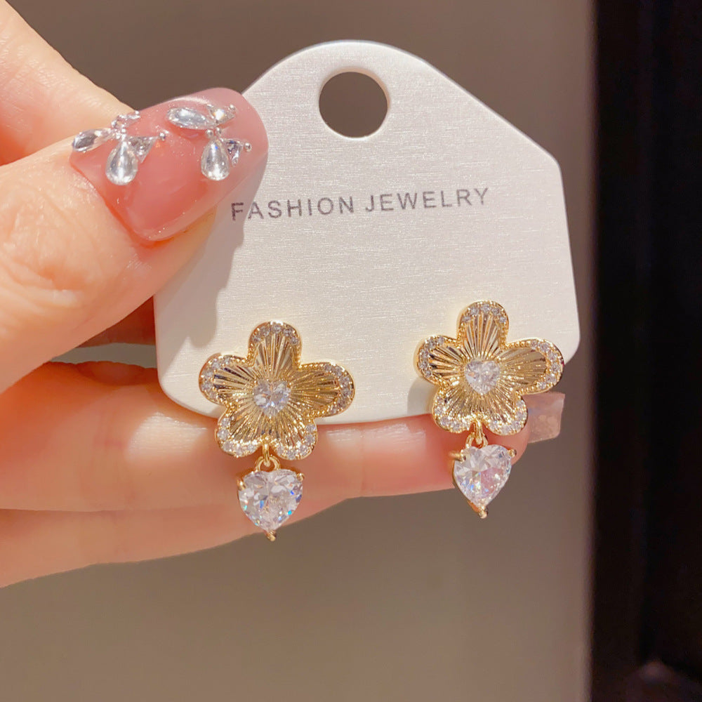 Eaioncol Floral Heart Drop Earrings Gold