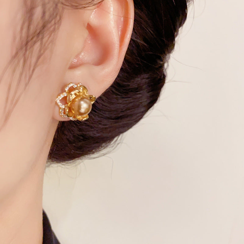 14K Gold-Plated Caramel Zircon Pearl Flower Earrings - Elegant Design