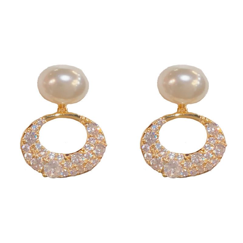 Eaioncol Geometric Pearl CZ Oval Drop Earrings Gold