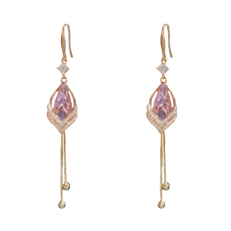 14K Gold-Plated Purple Waterdrop Zircon Tassel Earrings-Elegant Design