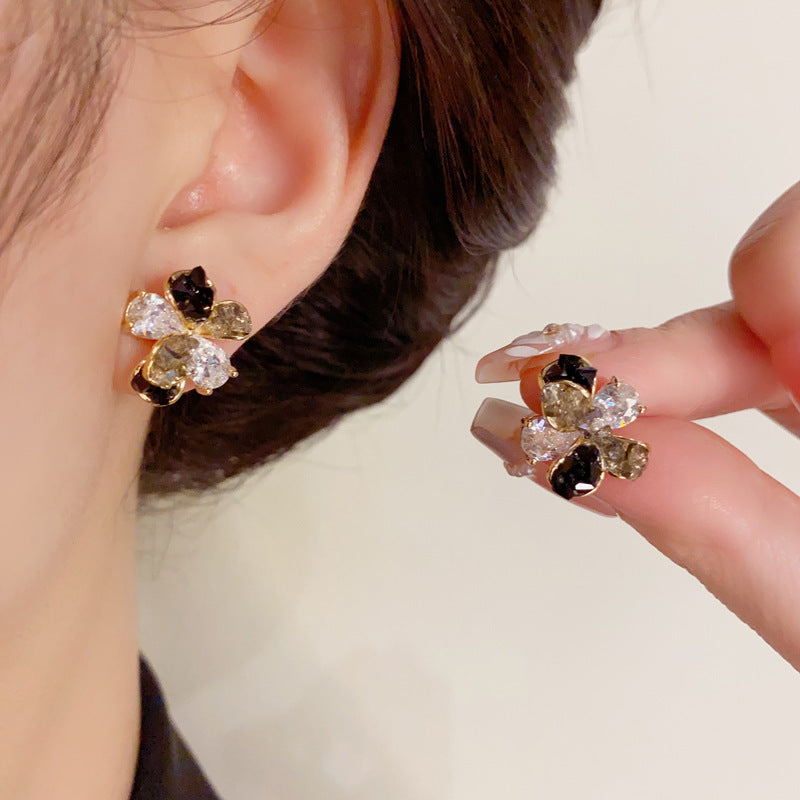 14K Gold-Plated Color-Block Diamond Petal Earrings - Elegant Design