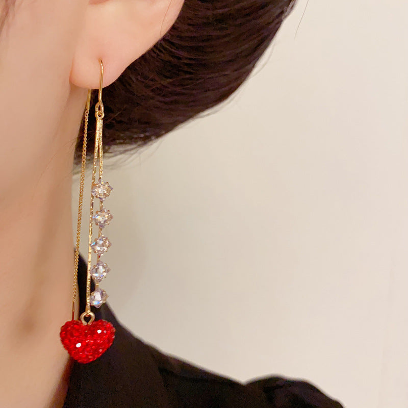 14K Gold-Plated Red Heart Long Tassel Earrings - Minimalist Elegance