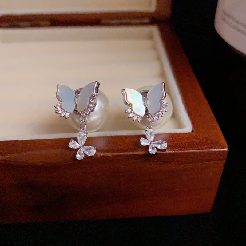 14K Gold Shell Butterfly Pearl Drop Earrings – Sweet Elegant Design