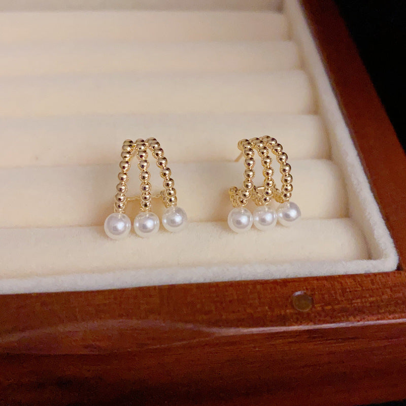 14K Gold-Plated Three-Row Pearl Hoop Earrings - Minimalist Elegance