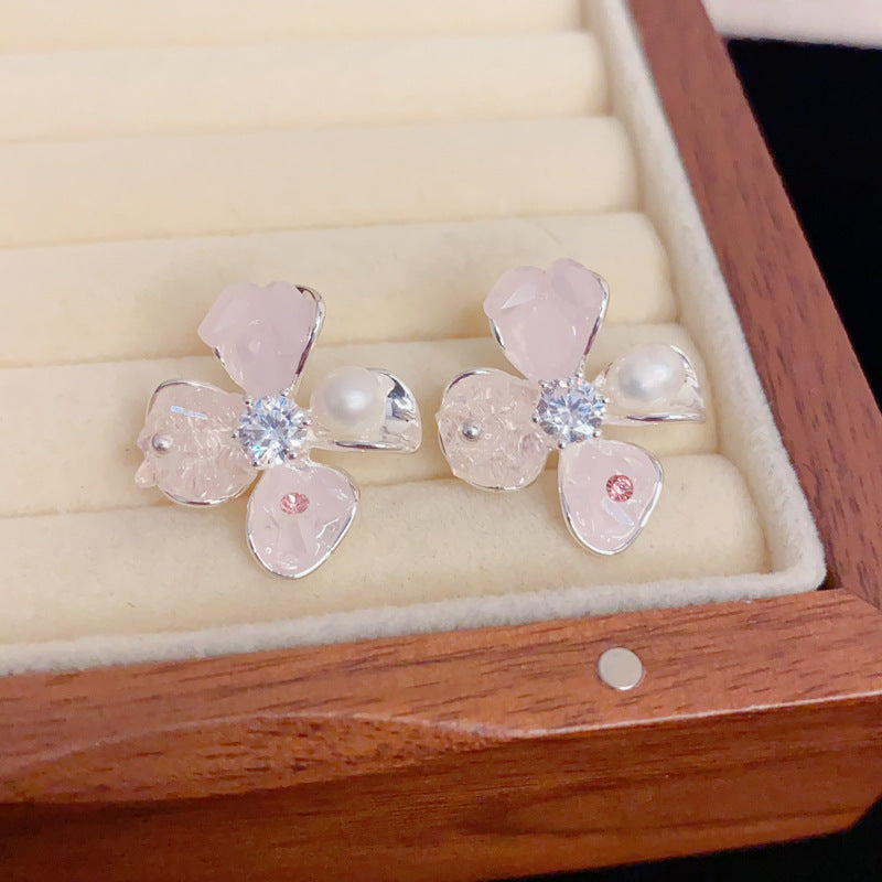 Eaioncol Crystal Freshwater Pearl Floral Stud Earrings Silver