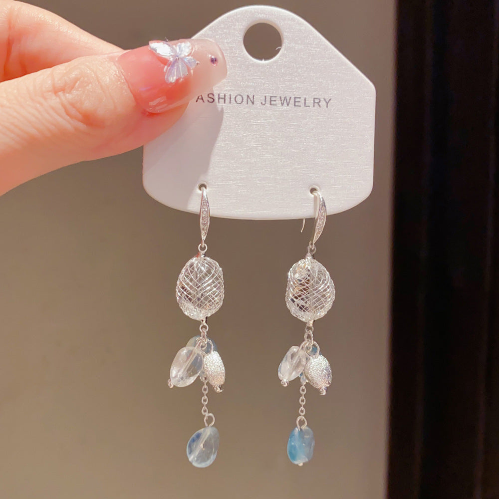 Eaioncol Korean Mesh Bead Tassel Ear Hooks Silver