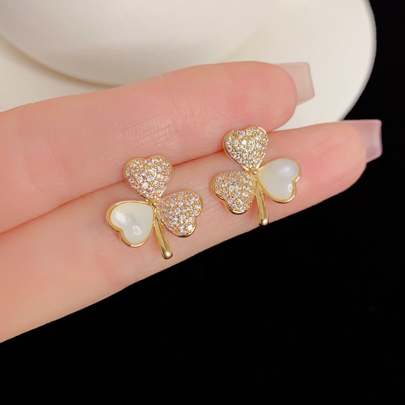 Elegant Zircon 4 Leaf Flower Stud Earrings – French Minimalist Design