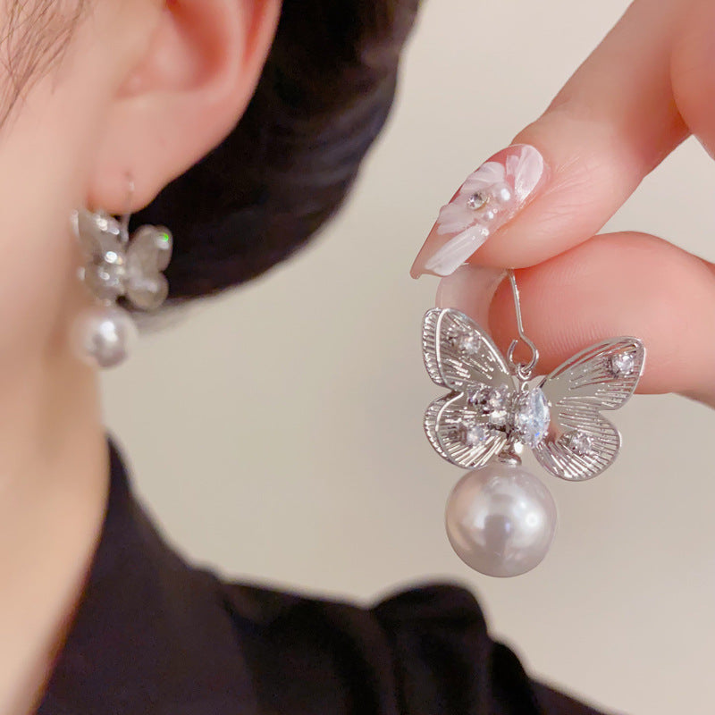 Gold Butterfly Pearl Ear Hooks – Dainty Work Earrings
