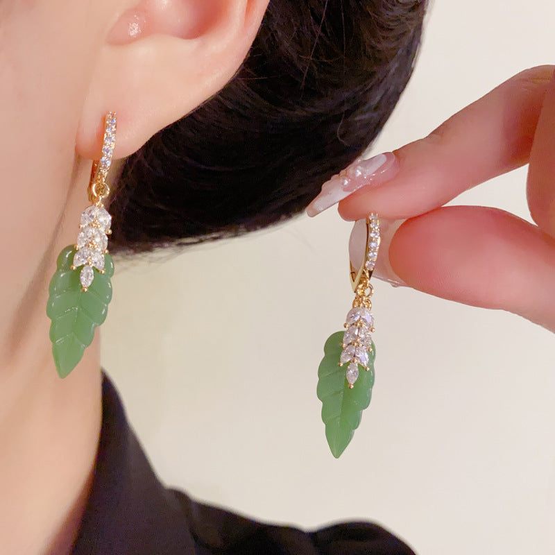 Luxury Zircon Green Leaf Tassel Drop Earrings – Floral Design
