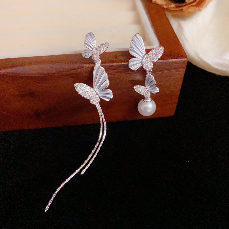 Asymmetric Butterfly Tassel Drop Sliver Earrings – Elegant Design