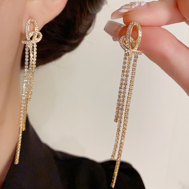 14K Gold-Plated Heart-Shaped Diamond Drop Earrings - Tassel Design