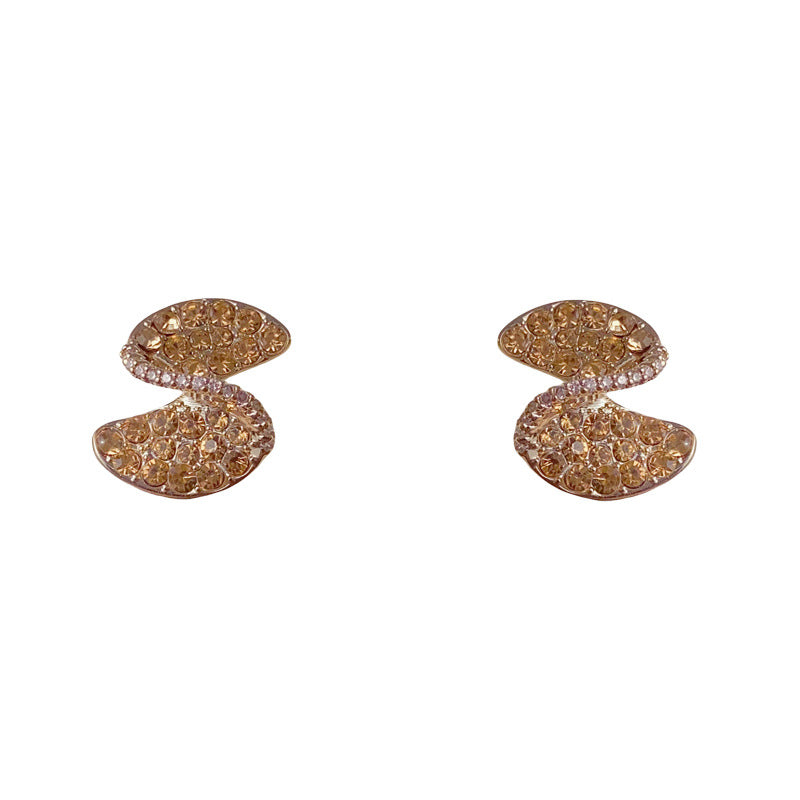 Luxury Coffee Full-Zircon Twisted Stud Earrings – Geometric Design