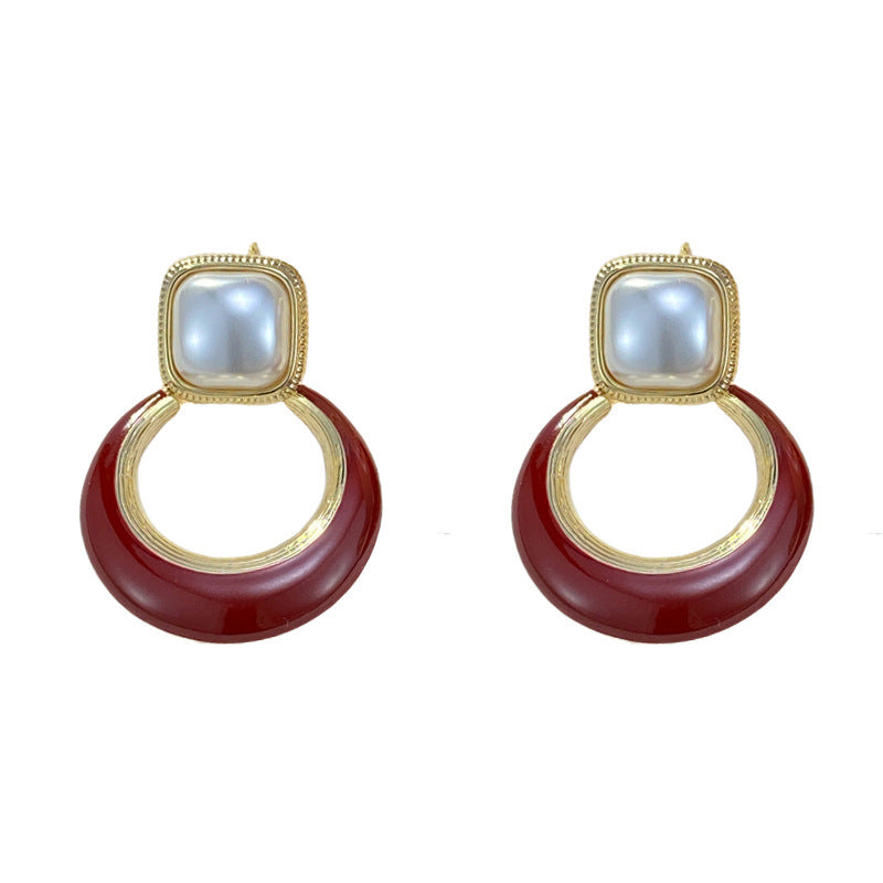 Luxury Square Pearl Red Circle Drop Earrings – Geometric Design