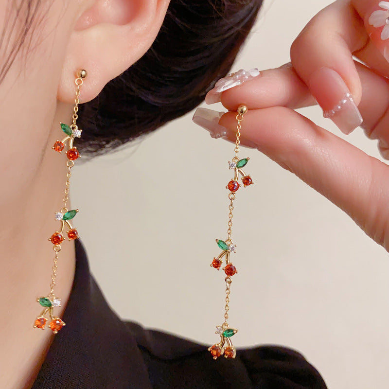 Elegant Zircon Little Cherry Long Tassel Drop Earrings – Fruit Design